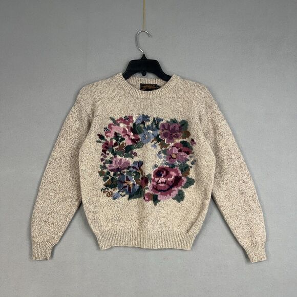 Vintage Eddie Bauer Sweater Womens Small Beige Floral Wool 90s Cottage Grandma - Picture 1 of 11